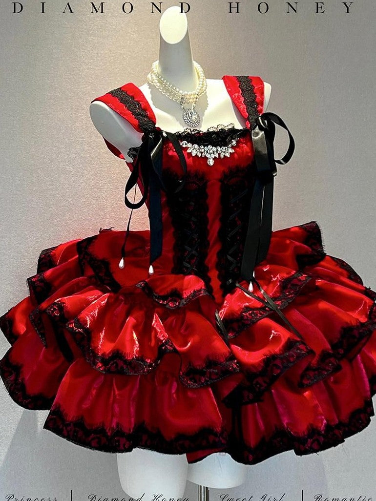 Diamond Sweetheart Romantic Red Lace Bow Train Slimming Women's Jsk / Jumper Skirts