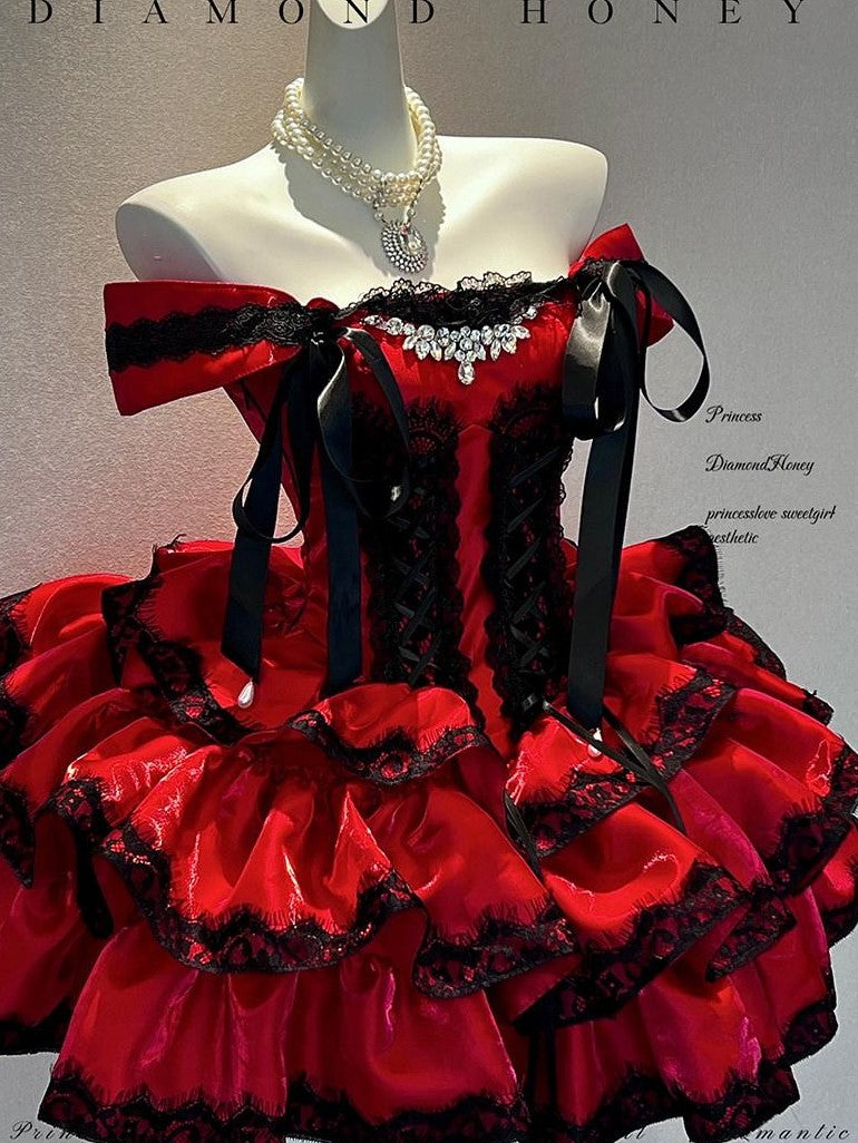 Diamond Sweetheart Romantic Red Lace Bow Train Slimming Women's Jsk / Jumper Skirts
