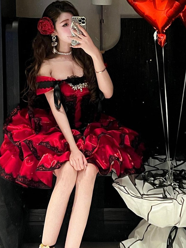 Diamond Sweetheart Romantic Red Lace Bow Train Slimming Women's Jsk / Jumper Skirts