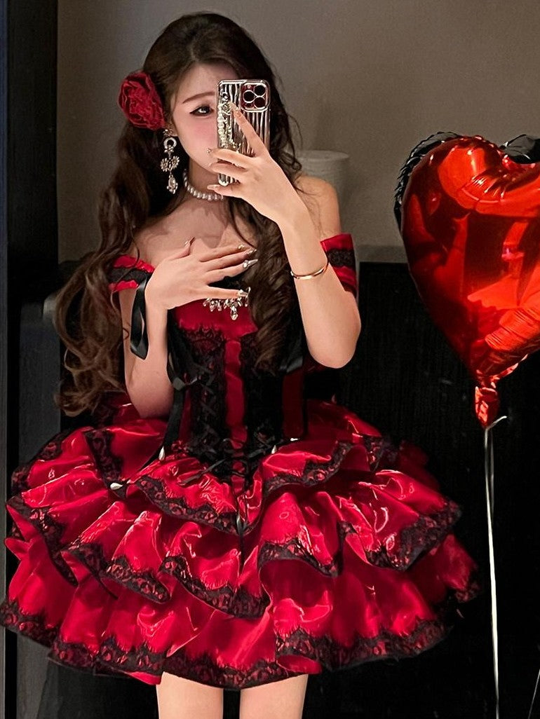 Diamond Sweetheart Romantic Red Lace Bow Train Slimming Women's Jsk / Jumper Skirts