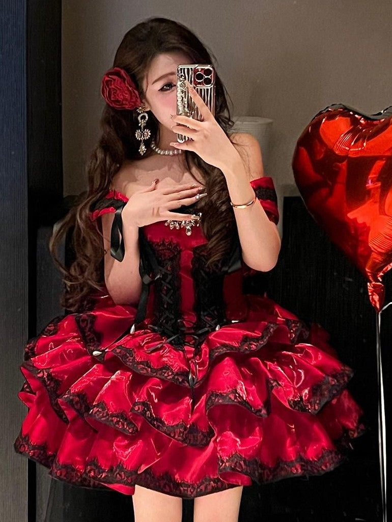 Diamond Sweetheart Romantic Red Lace Bow Train Slimming Women's Jsk / Jumper Skirts