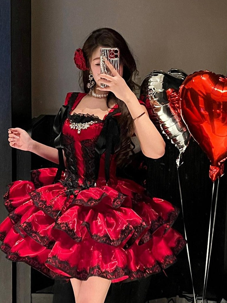 Diamond Sweetheart Romantic Red Lace Bow Train Slimming Women's Jsk / Jumper Skirts