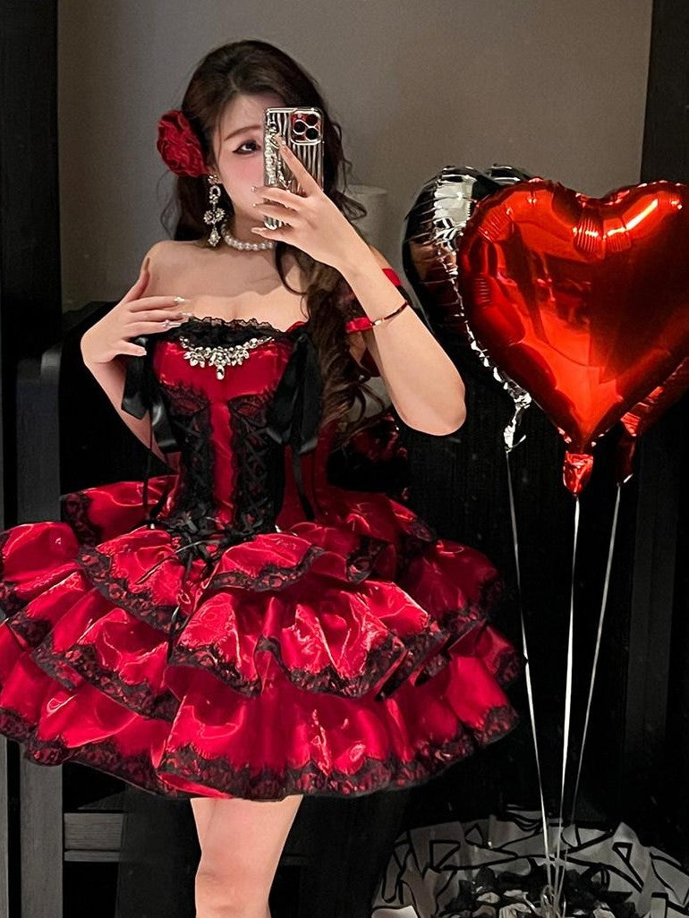 Diamond Sweetheart Romantic Red Lace Bow Train Slimming Women's Jsk / Jumper Skirts