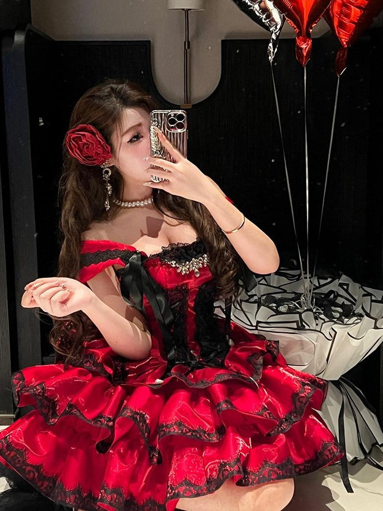 Diamond Sweetheart Romantic Red Lace Bow Train Slimming Women's Jsk / Jumper Skirts