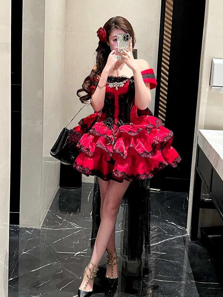 Diamond Sweetheart Romantic Red Lace Bow Train Slimming Women's Jsk / Jumper Skirts