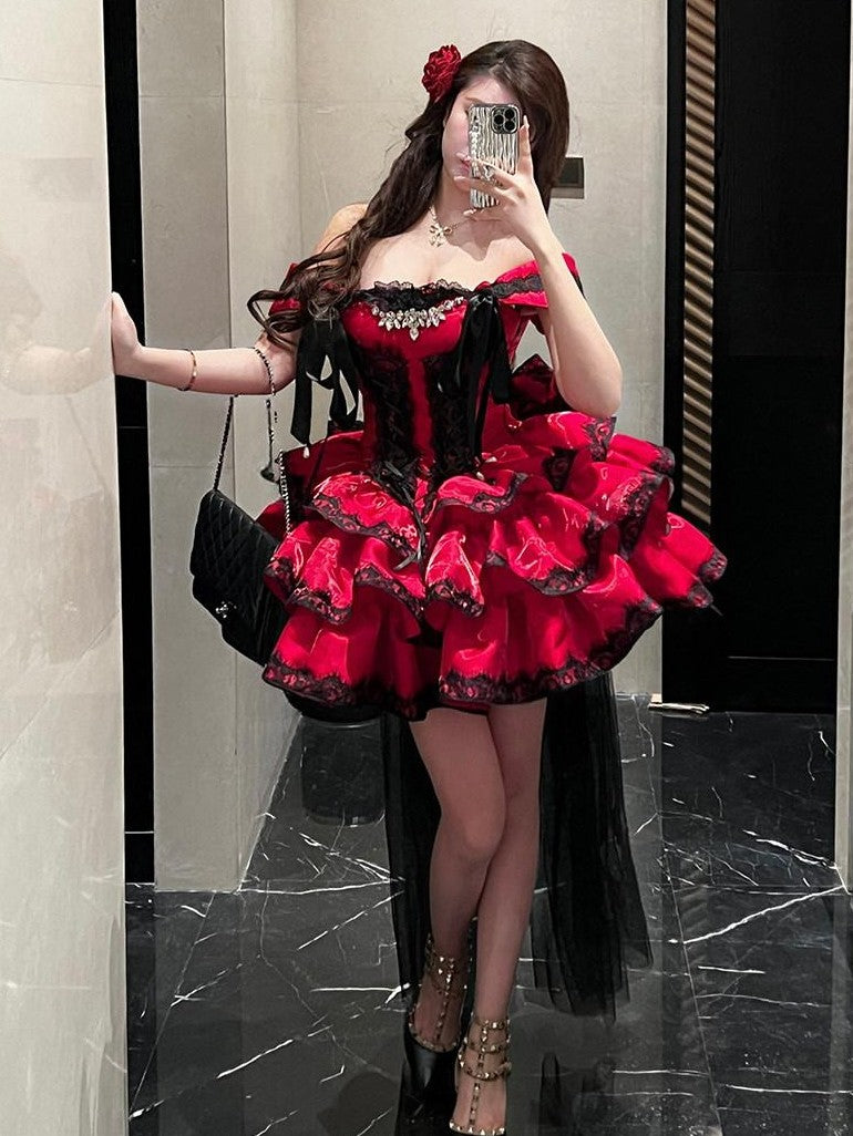 Diamond Sweetheart Romantic Red Lace Bow Train Slimming Women's Jsk / Jumper Skirts