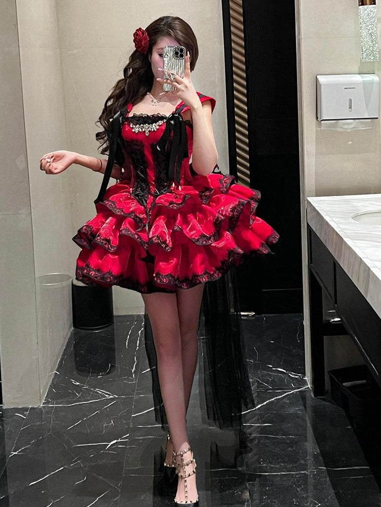 Diamond Sweetheart Romantic Red Lace Bow Train Slimming Women's Jsk / Jumper Skirts