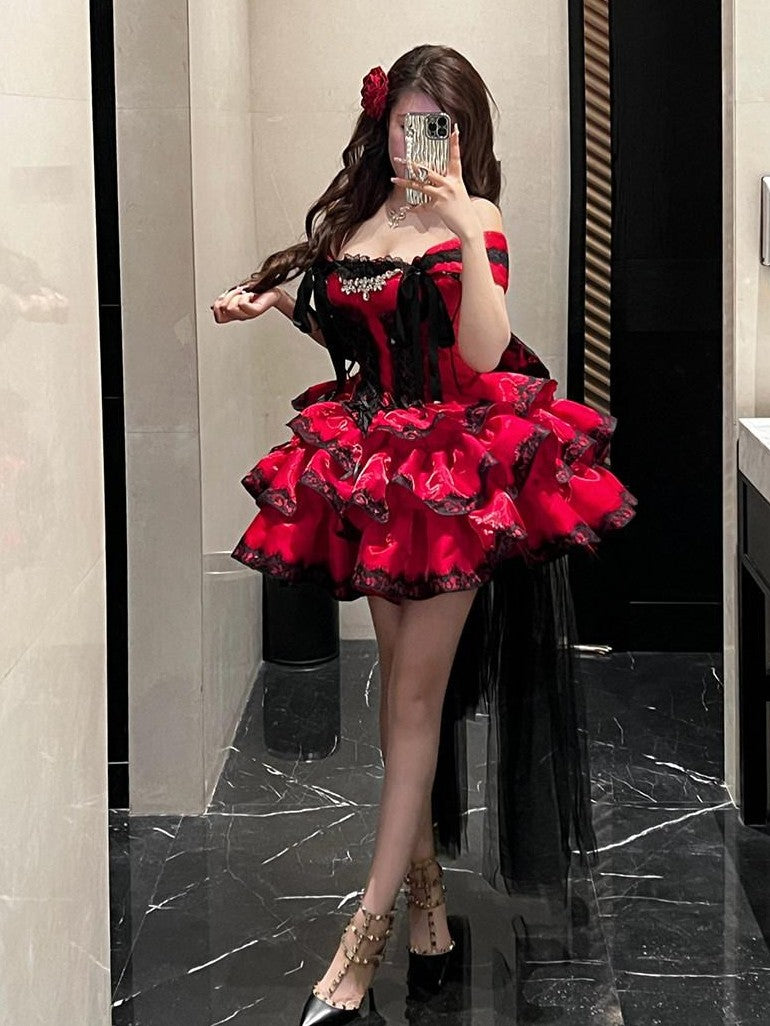 Diamond Sweetheart Romantic Red Lace Bow Train Slimming Women's Jsk / Jumper Skirts