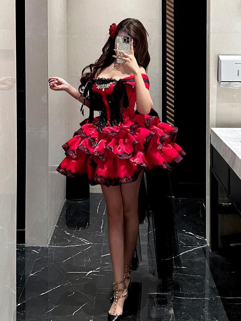 Diamond Sweetheart Romantic Red Lace Bow Train Slimming Women's Jsk / Jumper Skirts