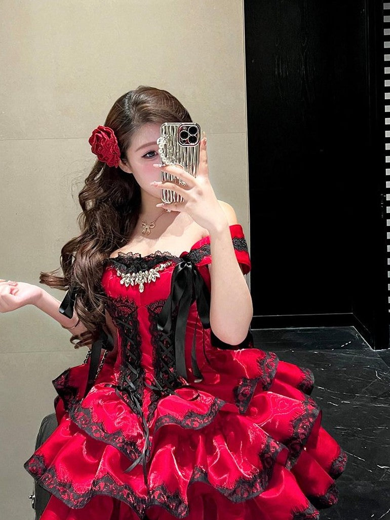 Diamond Sweetheart Romantic Red Lace Bow Train Slimming Women's Jsk / Jumper Skirts