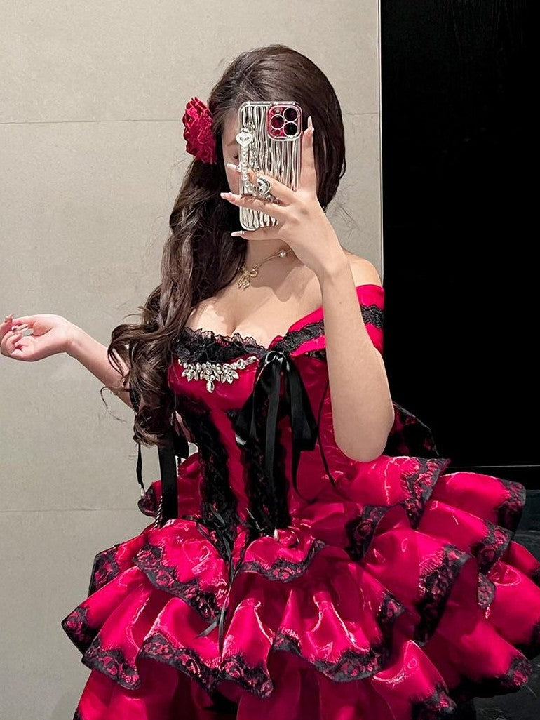 Diamond Sweetheart Romantic Red Lace Bow Train Slimming Women's Jsk / Jumper Skirts