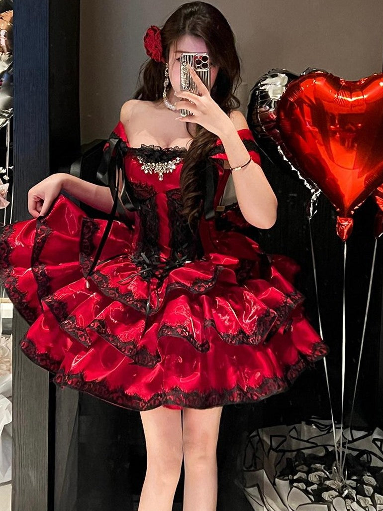 Diamond Sweetheart Romantic Red Lace Bow Train Slimming Women's Jsk / Jumper Skirts