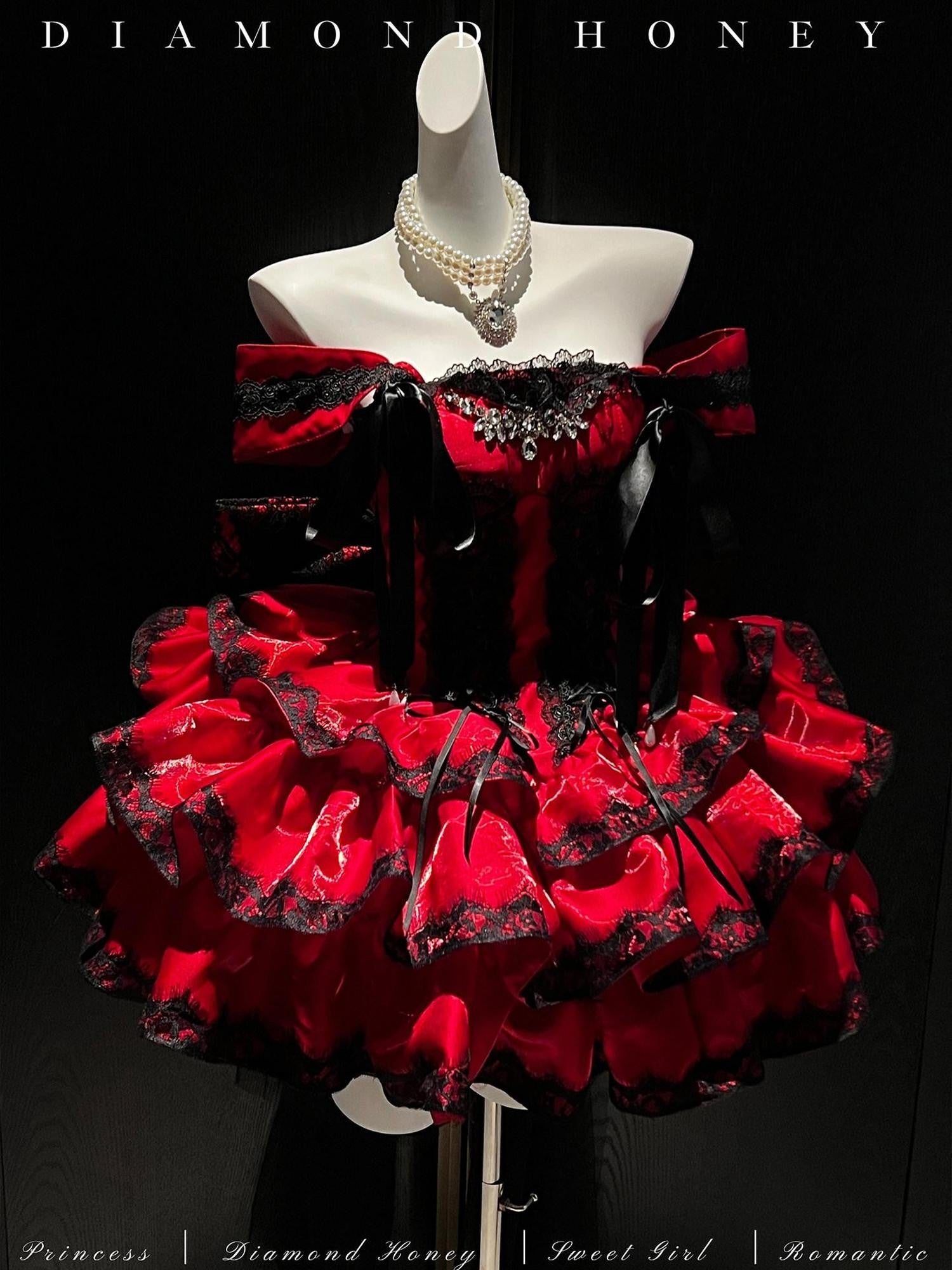 Diamond Sweetheart Romantic Red Lace Bow Train Slimming Women's Jsk / Jumper Skirts