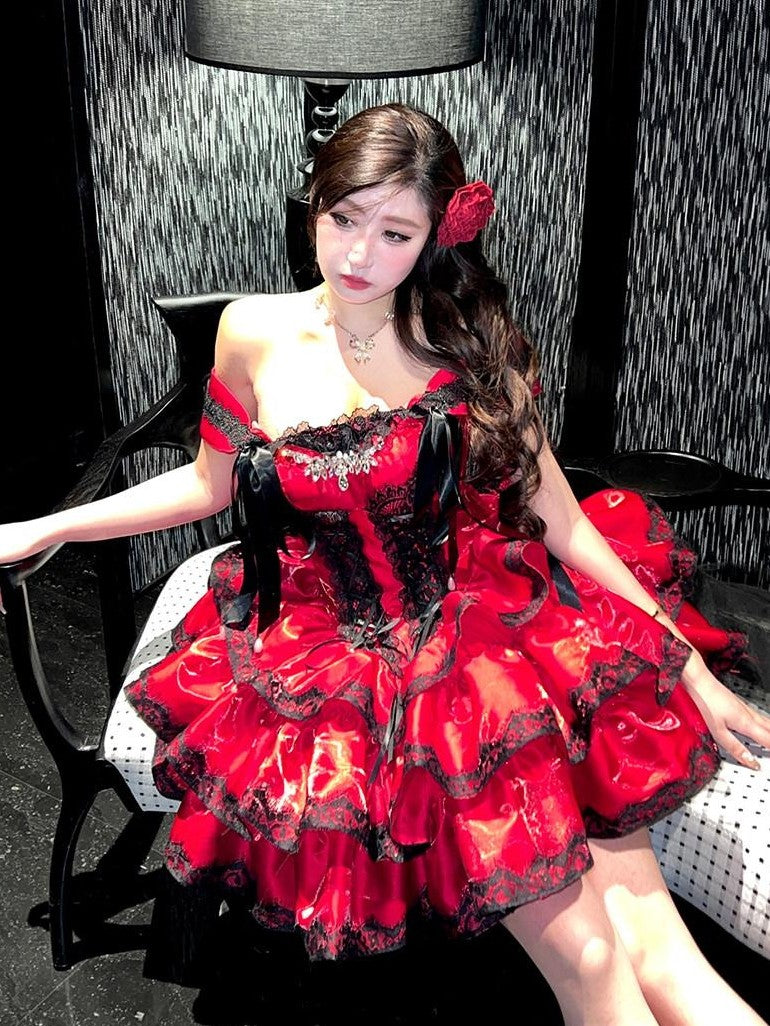 Diamond Sweetheart Romantic Red Lace Bow Train Slimming Women's Jsk / Jumper Skirts