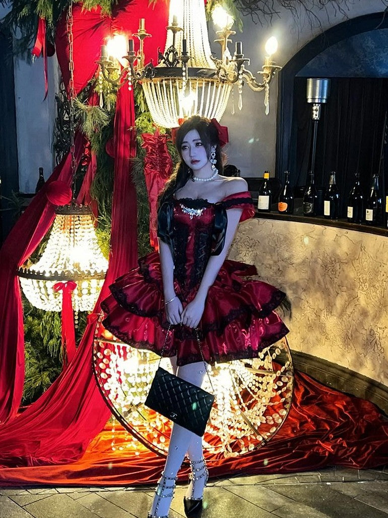 Diamond Sweetheart Romantic Red Lace Bow Train Slimming Women's Jsk / Jumper Skirts