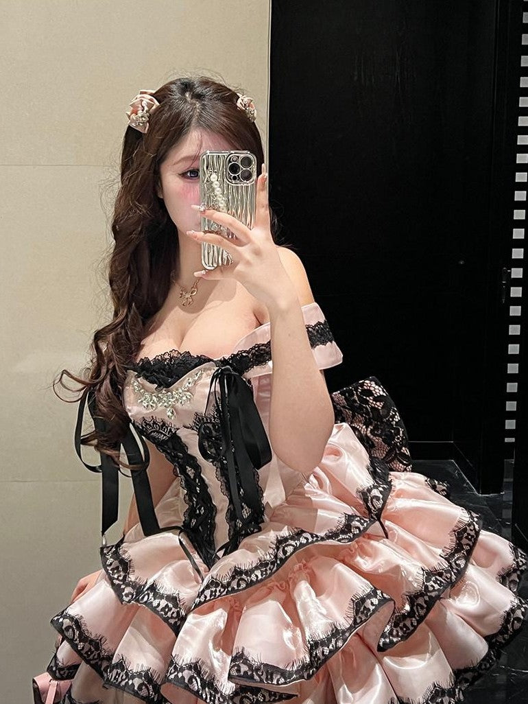 Diamond Sweetheart Romantic Slimming Lace Bow Train Women's Lightweight Jsk / Jumper Skirts