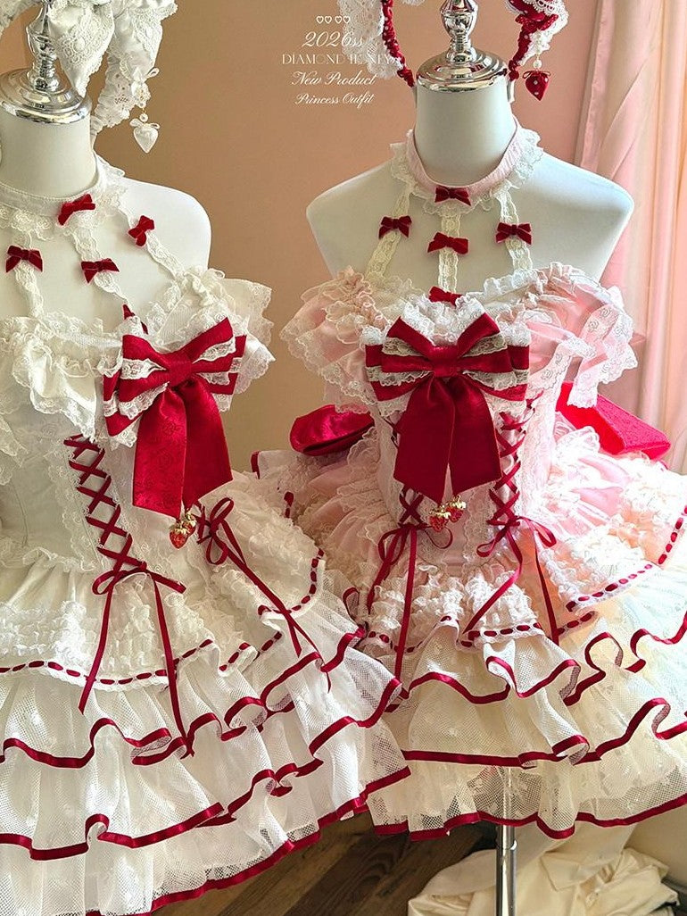 Diamond Sweetheart Strawberry Print Trailing Bow Mini Fairy Women's Short Sleeve Op