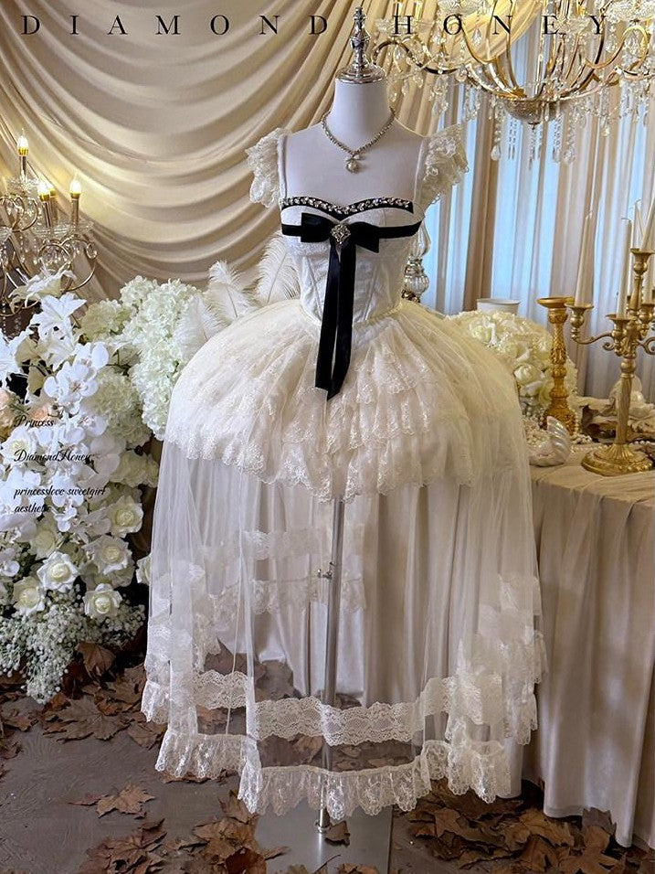 Diamond Sweetheart Sweet Lace Overlay Tulle Princess Women's Lace Tulle Short Sleeve Op