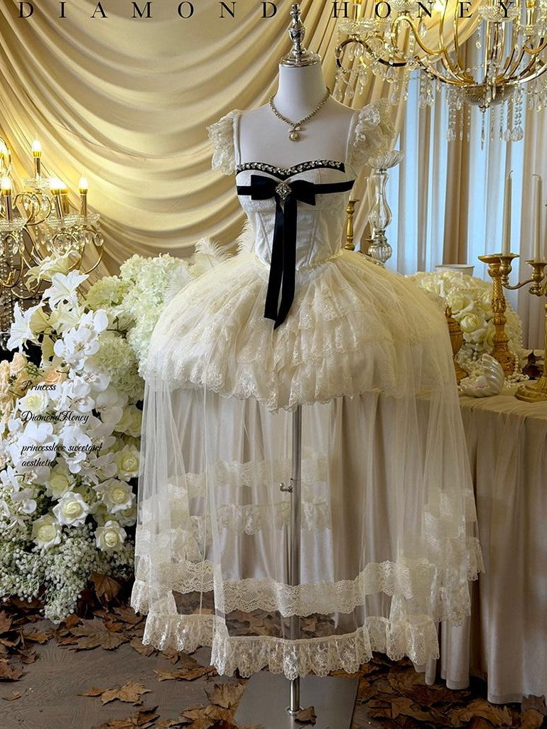 Diamond Sweetheart Sweet Lace Overlay Tulle Princess Women's Lace Tulle Short Sleeve Op