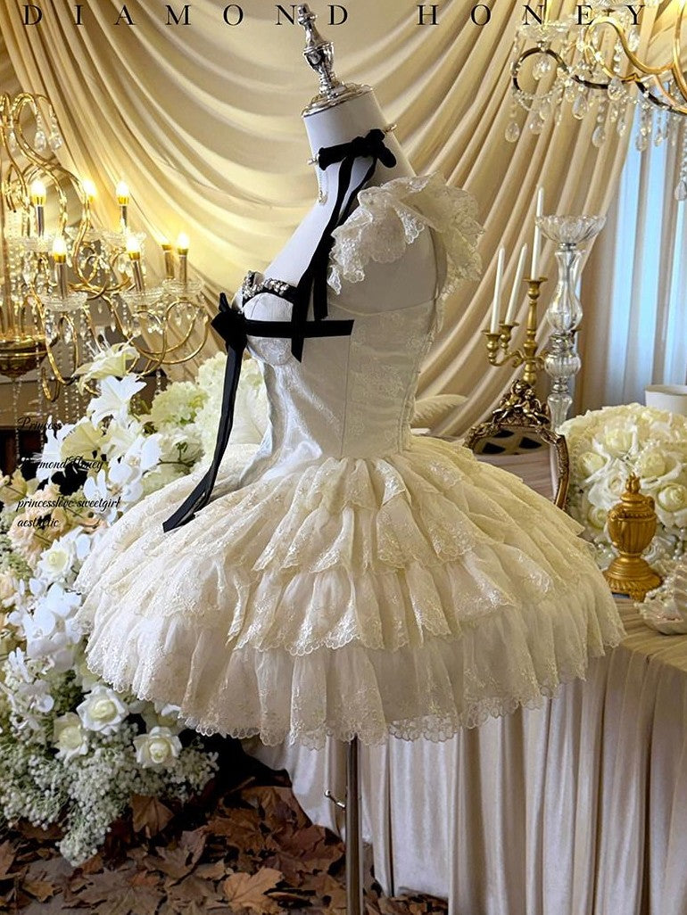 Diamond Sweetheart Sweet Lace Overlay Tulle Princess Women's Lace Tulle Short Sleeve Op