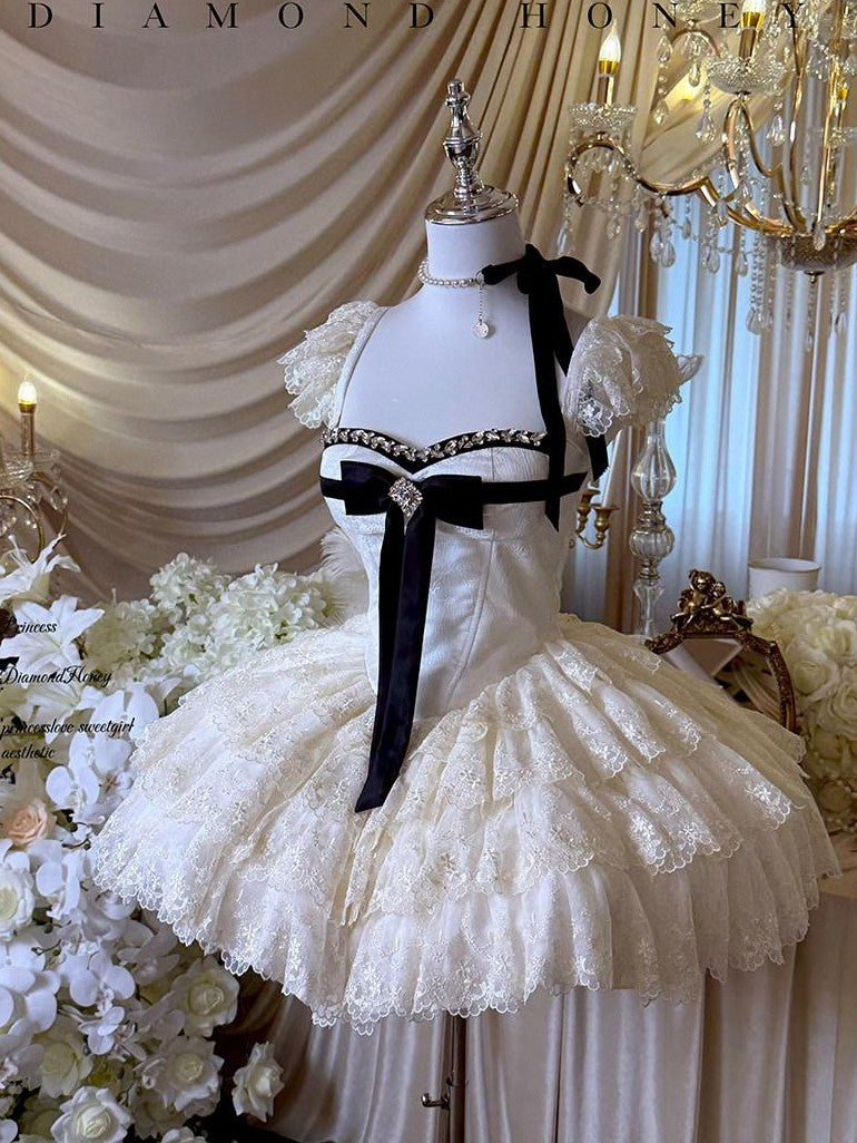 Diamond Sweetheart Sweet Lace Overlay Tulle Princess Women's Lace Tulle Short Sleeve Op