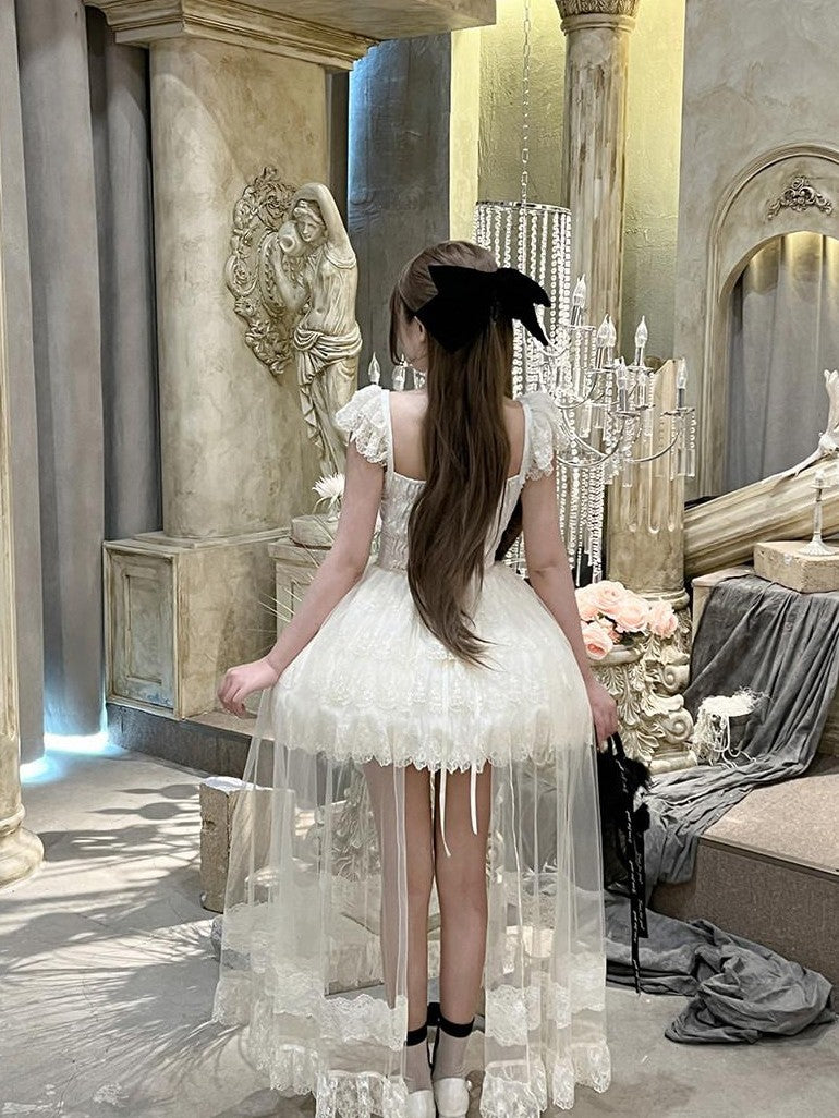 Diamond Sweetheart Sweet Lace Overlay Tulle Princess Women's Lace Tulle Short Sleeve Op