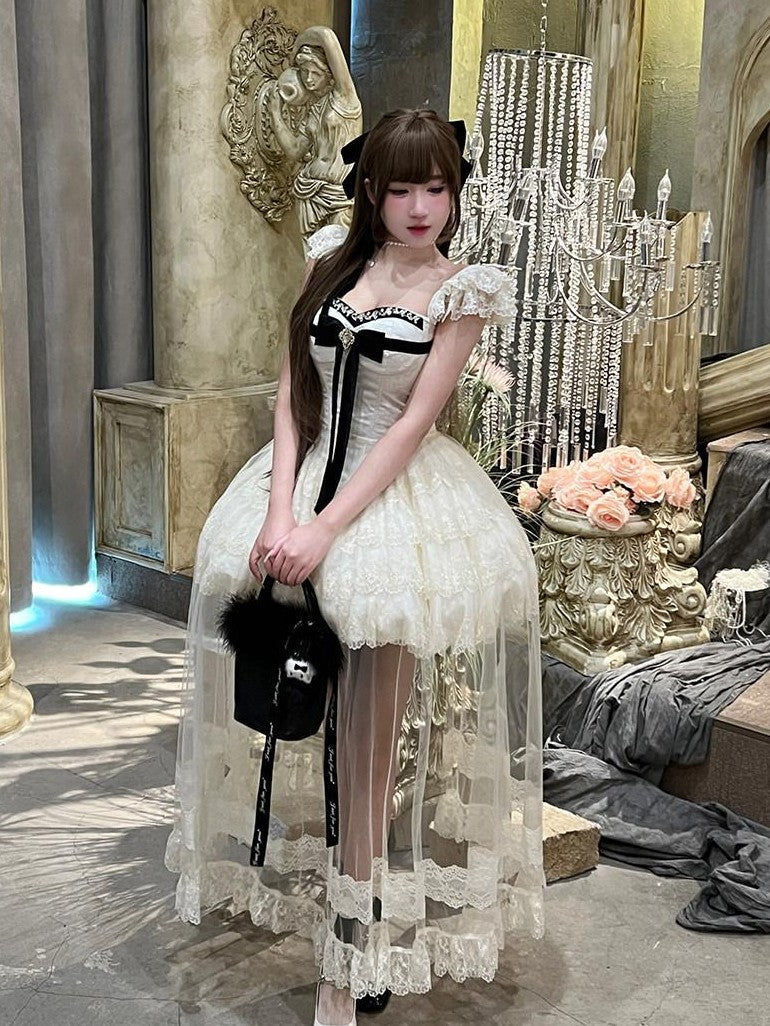 Diamond Sweetheart Sweet Lace Overlay Tulle Princess Women's Lace Tulle Short Sleeve Op