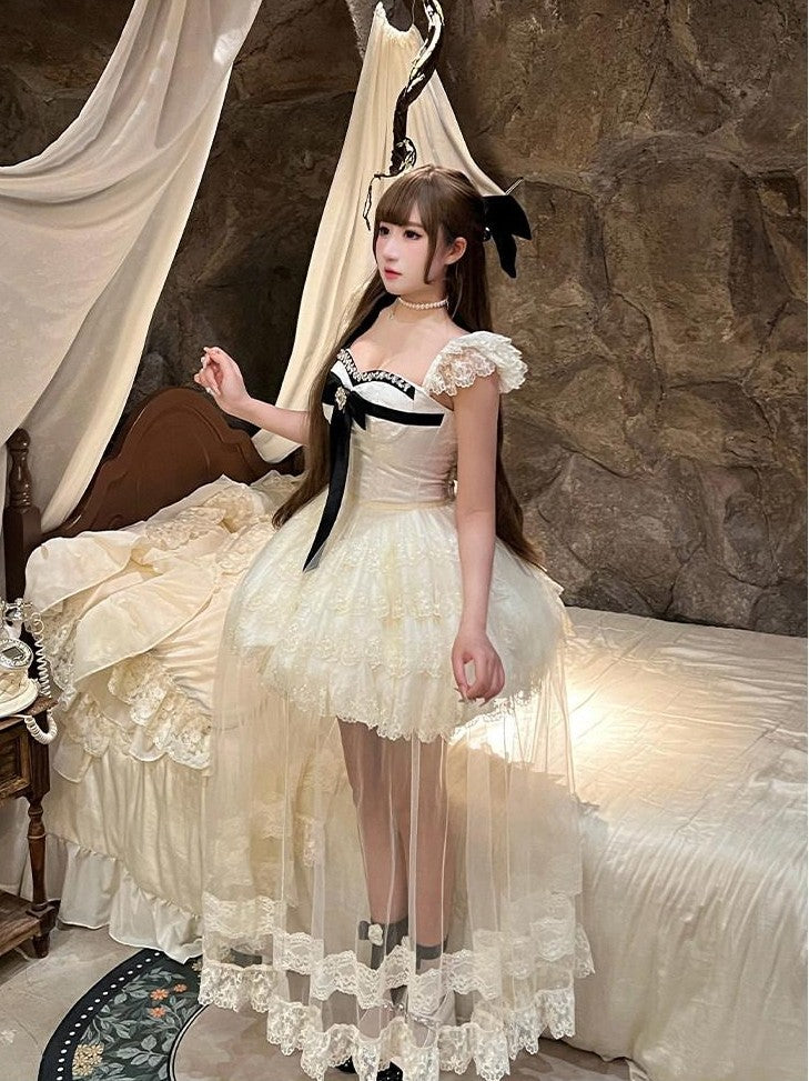 Diamond Sweetheart Sweet Lace Overlay Tulle Princess Women's Lace Tulle Short Sleeve Op
