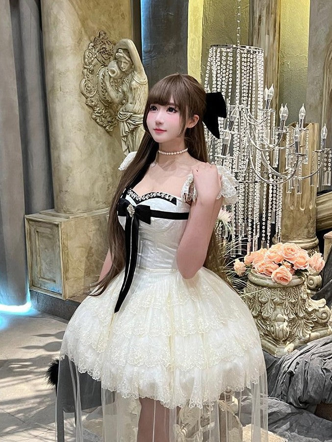 Diamond Sweetheart Sweet Lace Overlay Tulle Princess Women's Lace Tulle Short Sleeve Op