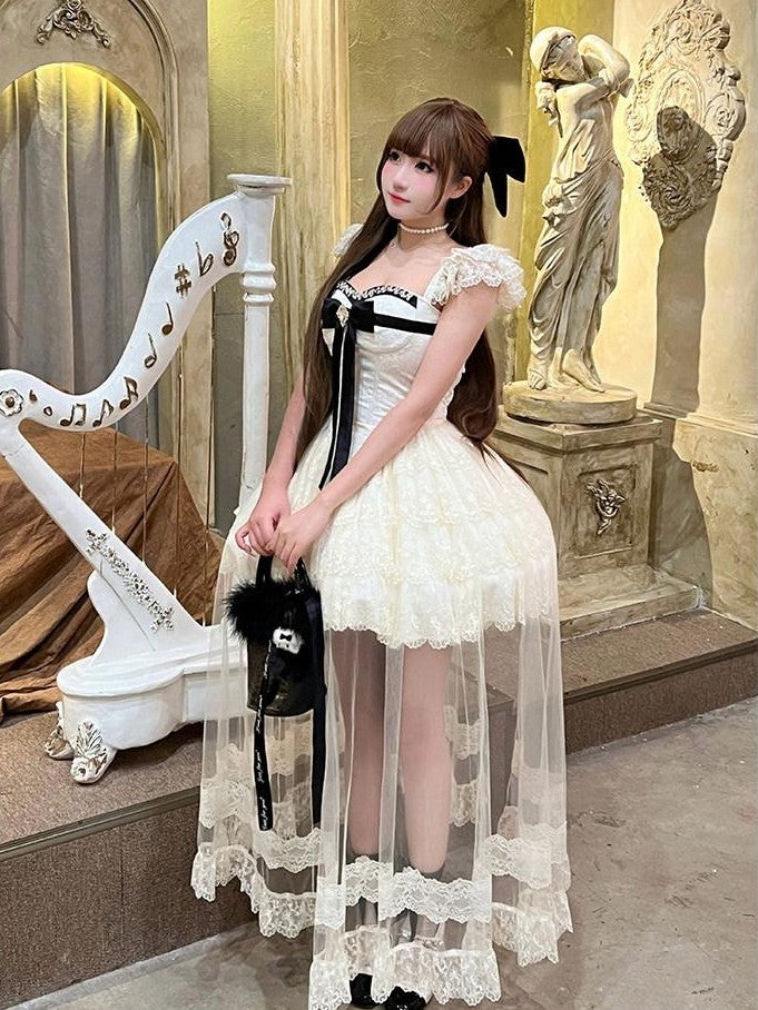 Diamond Sweetheart Sweet Lace Overlay Tulle Princess Women's Lace Tulle Short Sleeve Op