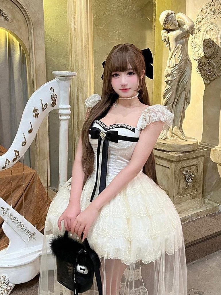 Diamond Sweetheart Sweet Lace Overlay Tulle Princess Women's Lace Tulle Short Sleeve Op