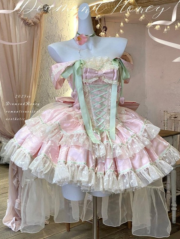 Diamond Sweetheart Tulip Floral Off Shoulder Bow Tail Women's Other Jsk / Jumper Skirts