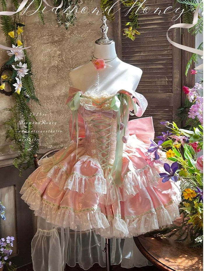 Diamond Sweetheart Tulip Floral Off Shoulder Bow Tail Women's Other Jsk / Jumper Skirts