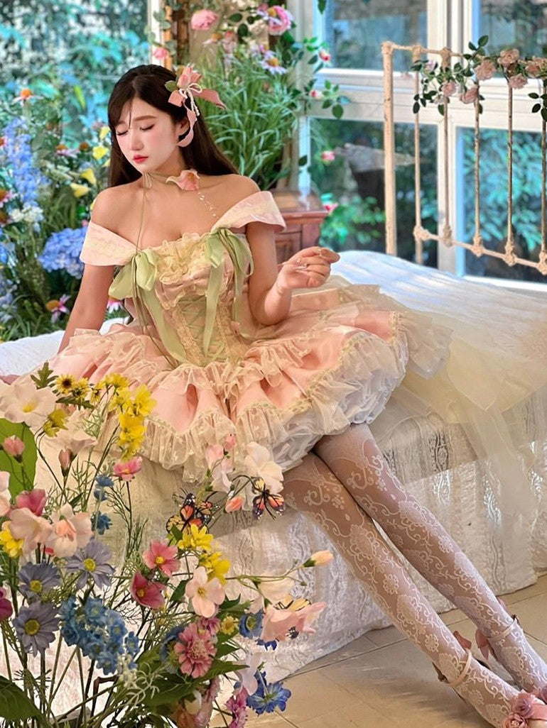 Diamond Sweetheart Tulip Floral Off Shoulder Bow Tail Women's Other Jsk / Jumper Skirts