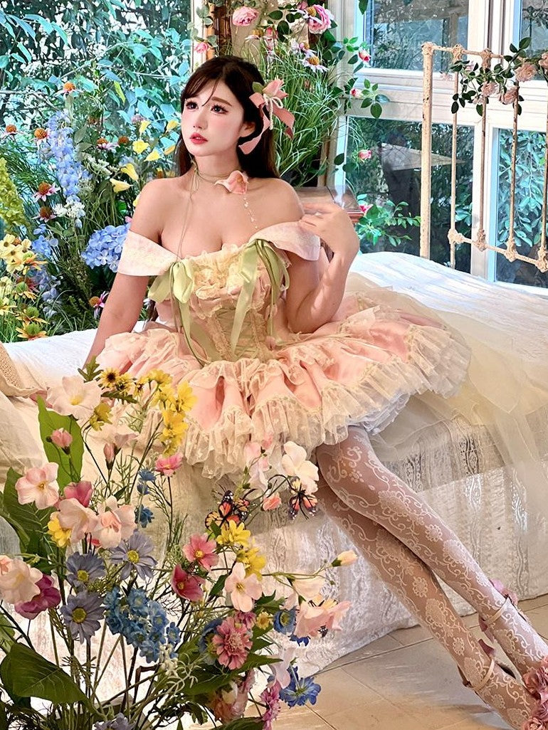 Diamond Sweetheart Tulip Floral Off Shoulder Bow Tail Women's Other Jsk / Jumper Skirts