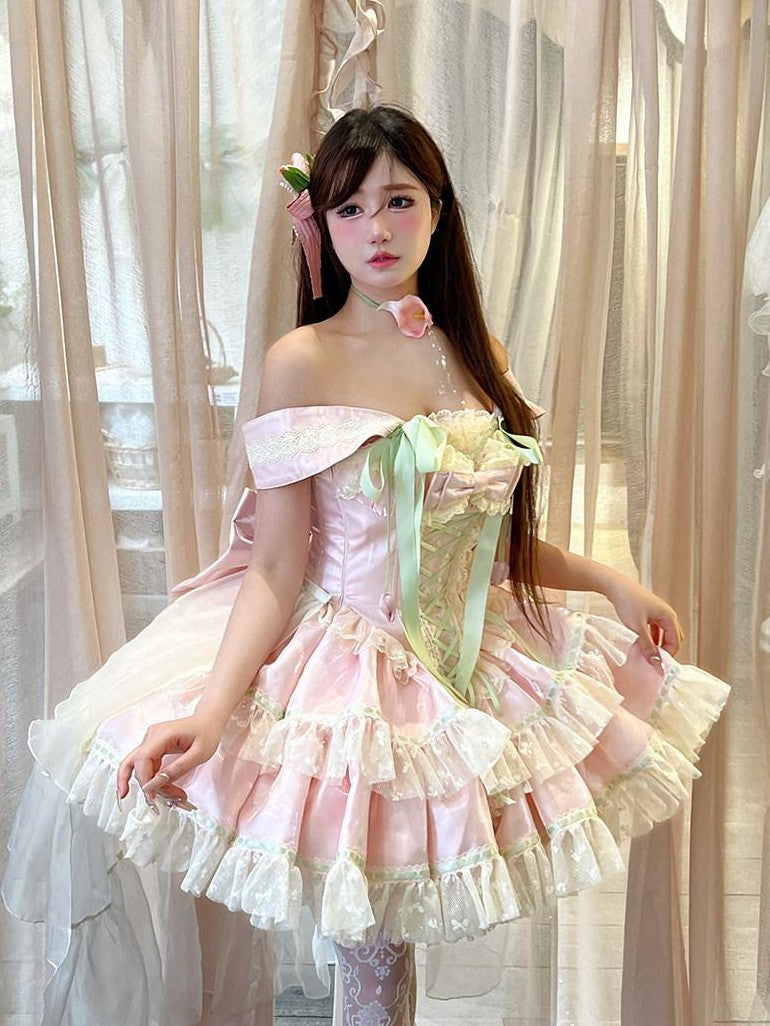 Diamond Sweetheart Tulip Floral Off Shoulder Bow Tail Women's Other Jsk / Jumper Skirts