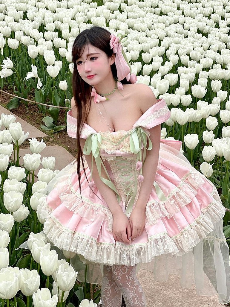 Diamond Sweetheart Tulip Floral Off Shoulder Bow Tail Women's Other Jsk / Jumper Skirts