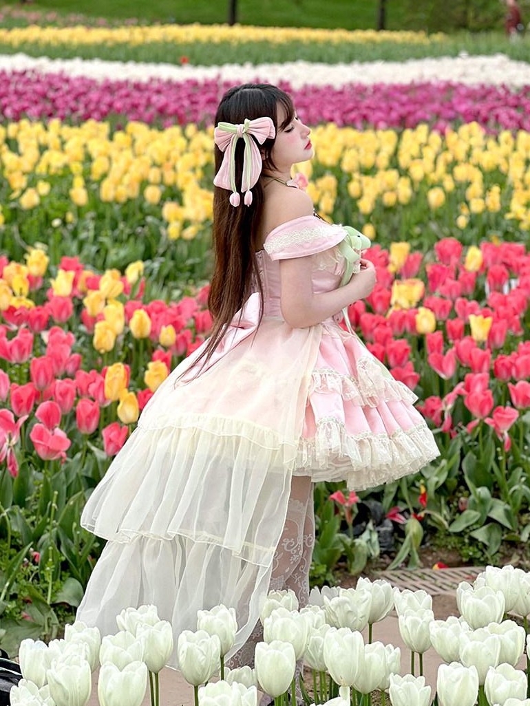 Diamond Sweetheart Tulip Floral Off Shoulder Bow Tail Women's Other Jsk / Jumper Skirts