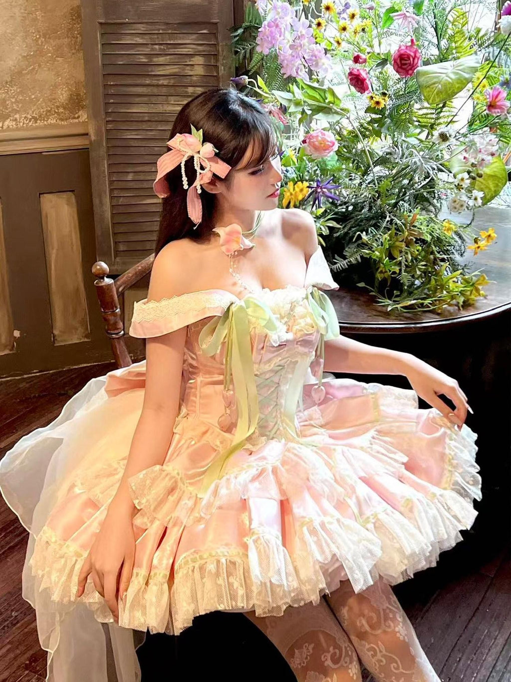 Diamond Sweetheart Tulip Floral Off Shoulder Bow Tail Women's Other Jsk / Jumper Skirts