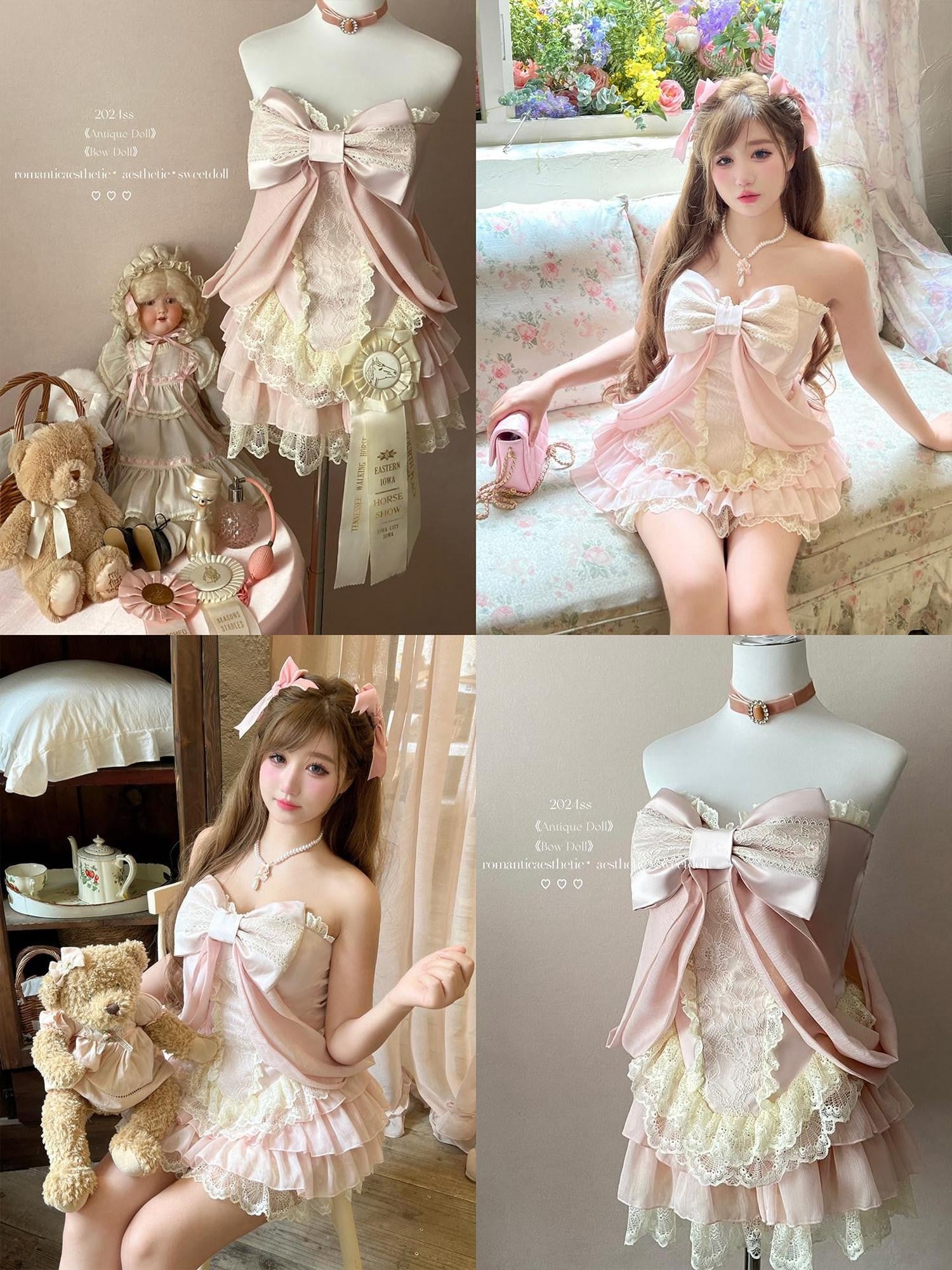 Diamond Sweetheart Vintage Ballet Pink Romantic Bow Lace Doll Women's Lace Skirt Sets