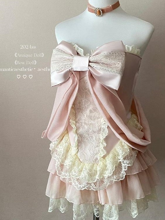 Diamond Sweetheart Vintage Ballet Pink Romantic Bow Lace Doll Women's Lace Skirt Sets