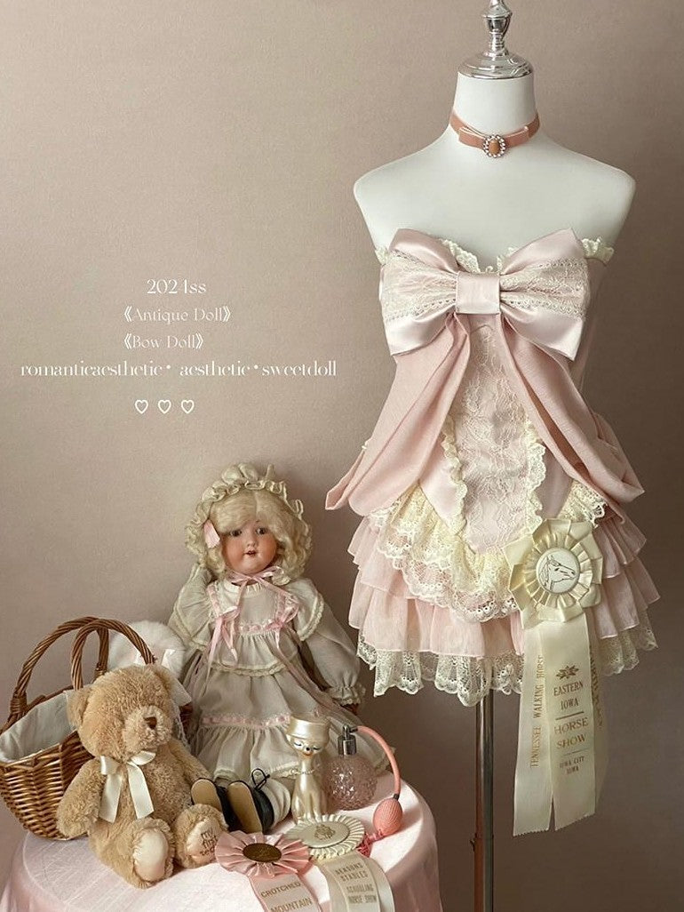 Diamond Sweetheart Vintage Ballet Pink Romantic Bow Lace Doll Women's Lace Skirt Sets