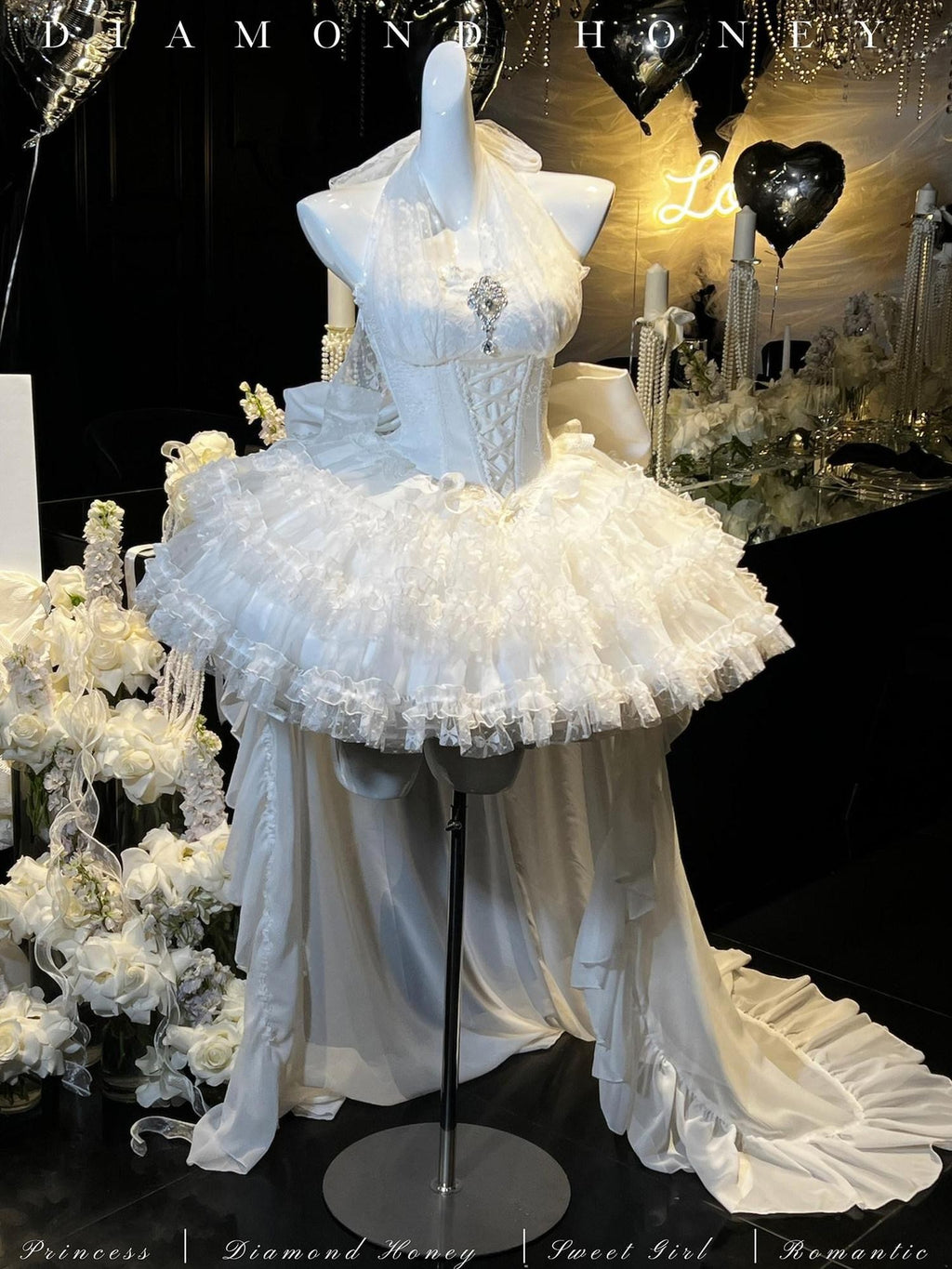 Diamond Sweetheart White Bow Train Floral Bridal Women's Polyester Jsk / Jumper Skirts