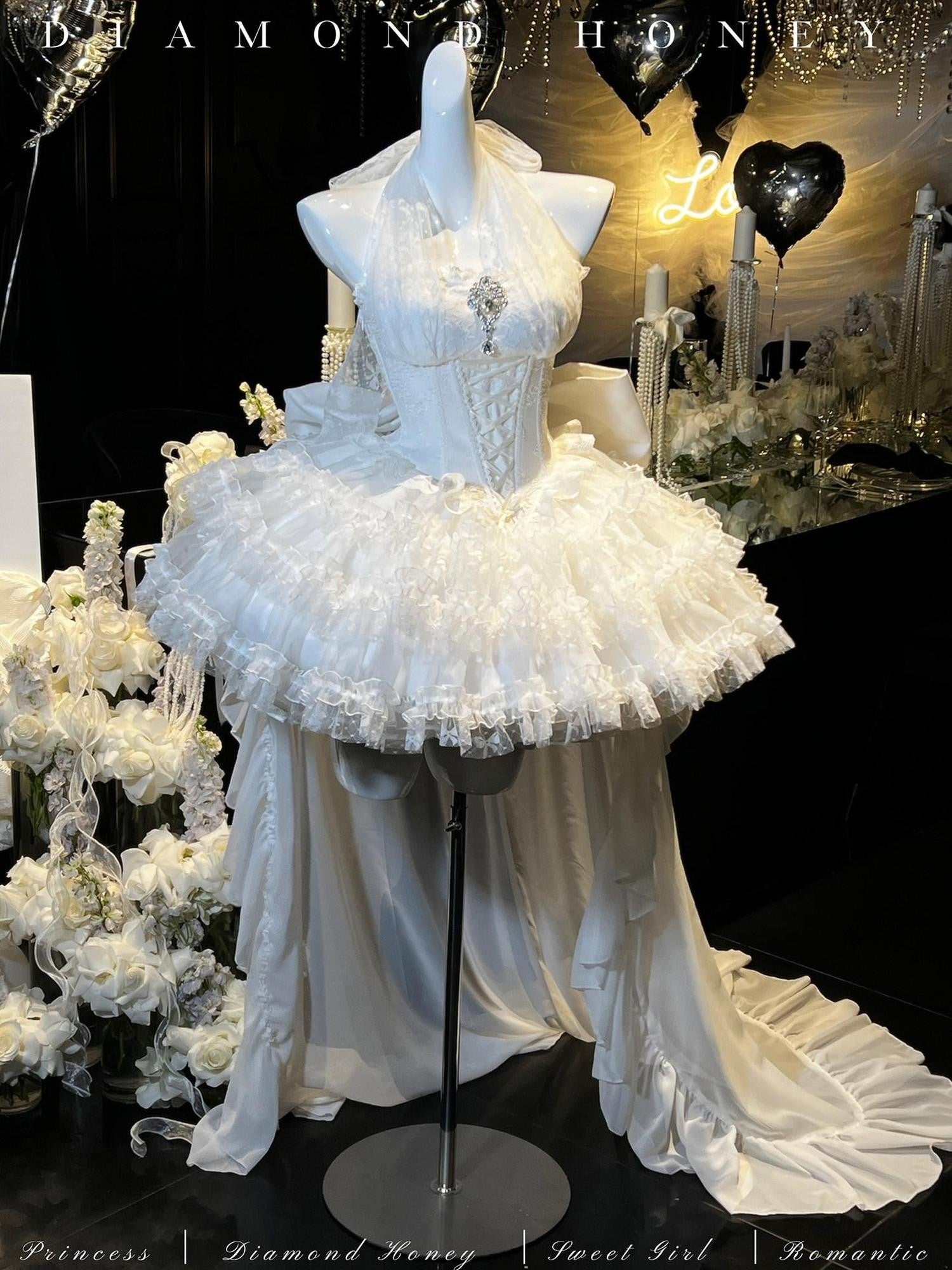 Diamond Sweetheart White Bow Train Floral Bridal Women's Polyester Jsk / Jumper Skirts