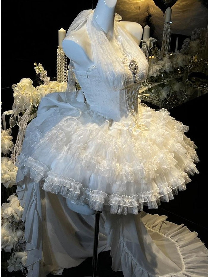 Diamond Sweetheart White Bow Train Floral Bridal Women's Polyester Jsk / Jumper Skirts