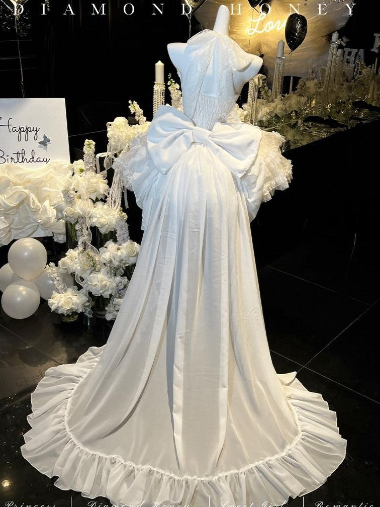 Diamond Sweetheart White Bow Train Floral Bridal Women's Polyester Jsk / Jumper Skirts