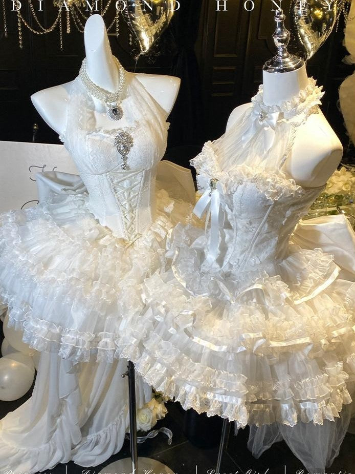 Diamond Sweetheart White Bow Train Floral Bridal Women's Polyester Jsk / Jumper Skirts