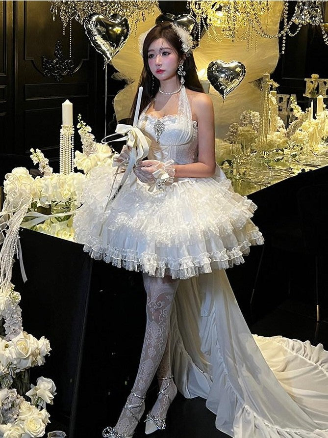 Diamond Sweetheart White Bow Train Floral Bridal Women's Polyester Jsk / Jumper Skirts