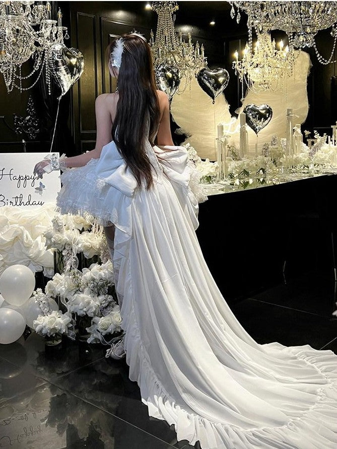 Diamond Sweetheart White Bow Train Floral Bridal Women's Polyester Jsk / Jumper Skirts