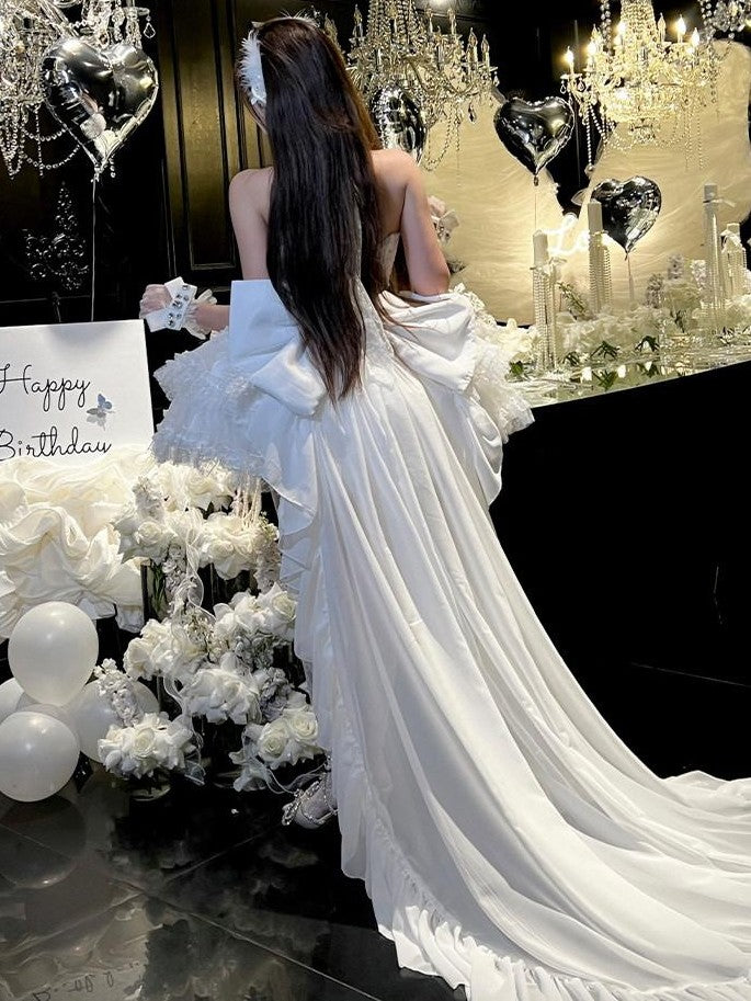 Diamond Sweetheart White Bow Train Floral Bridal Women's Polyester Jsk / Jumper Skirts